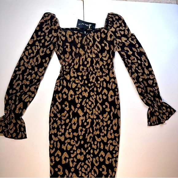 Miss Ord Gold Metallic Black Leopard/Cheetah Print ElasticCuffs Midi Dress NWT S - Picture 5 of 14